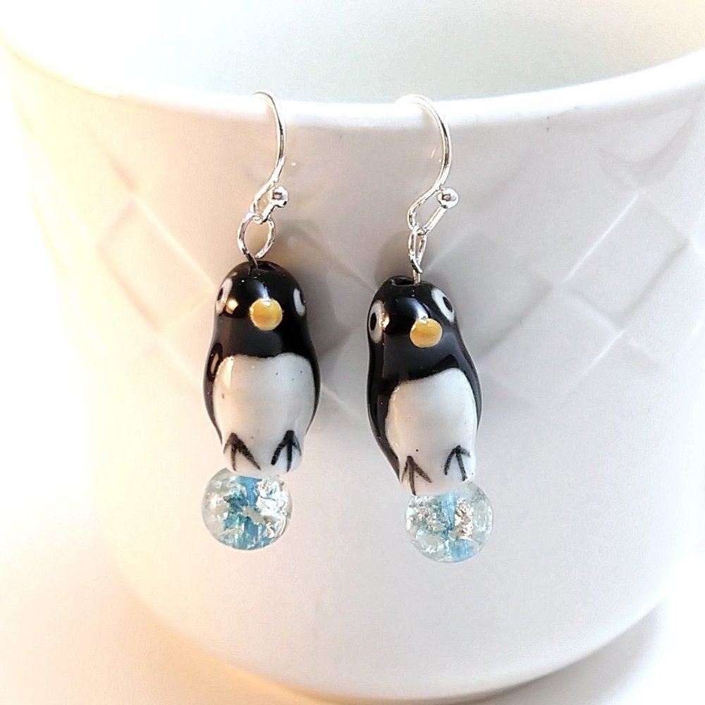 Handmade Penguin Earrings Hand Painted Cute Kawaii Blue Fried Glass Bead Winter